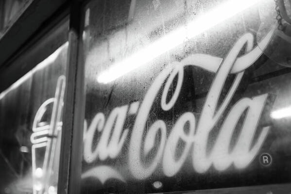 Neon Coca-Cola Sign on Window - Art Print