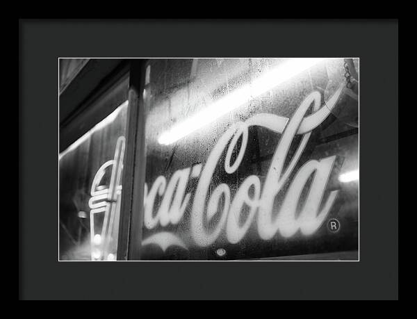Neon Coca-Cola Sign on Window - Framed Print