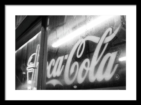 Neon Coca-Cola Sign on Window - Framed Print