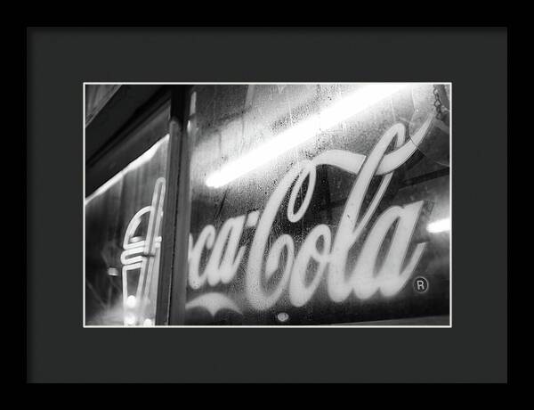 Neon Coca-Cola Sign on Window - Framed Print