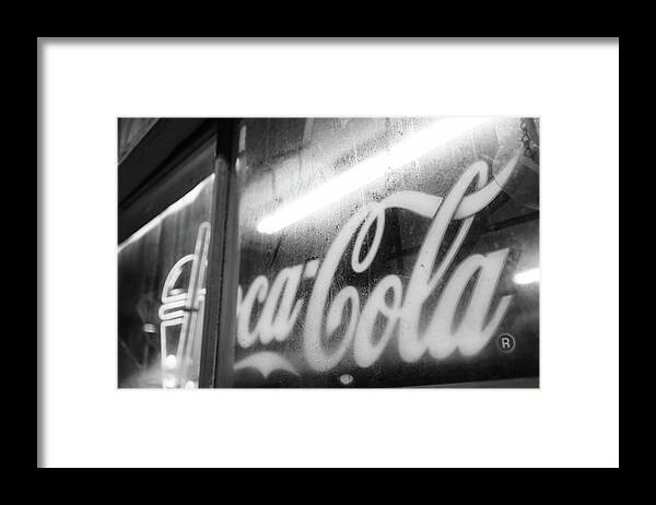 Neon Coca-Cola Sign on Window - Framed Print