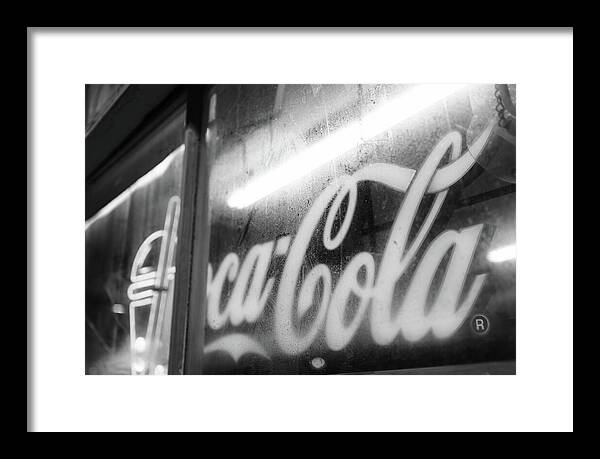 Neon Coca-Cola Sign on Window - Framed Print
