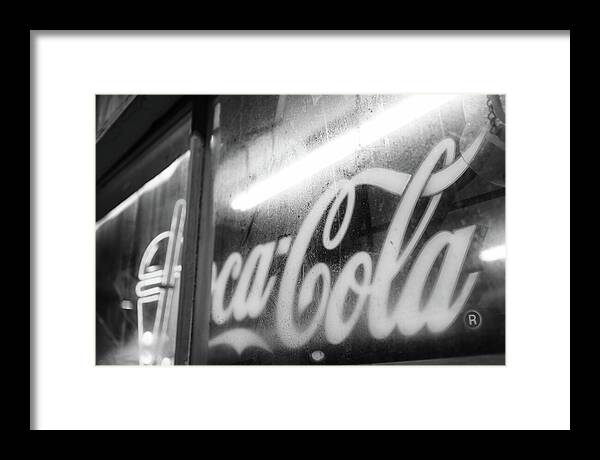 Neon Coca-Cola Sign on Window - Framed Print