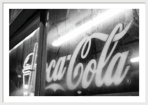 Neon Coca-Cola Sign on Window - Framed Print