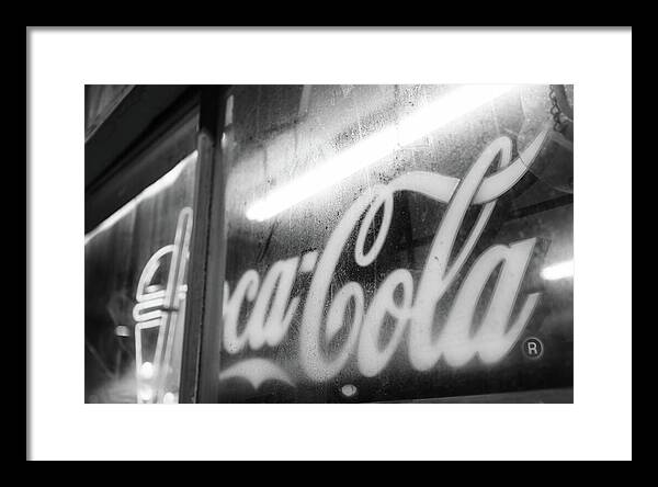 Neon Coca-Cola Sign on Window - Framed Print
