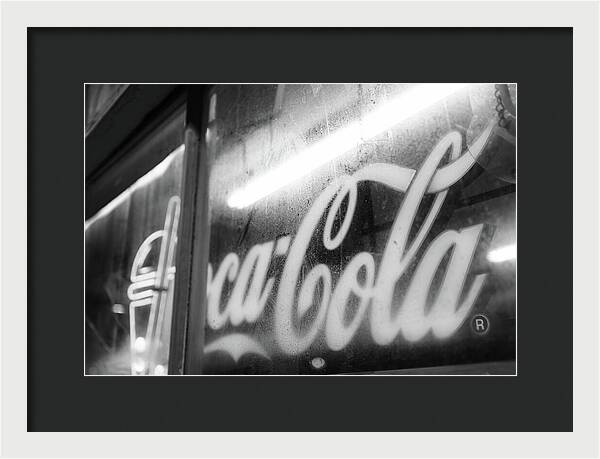 Neon Coca-Cola Sign on Window - Framed Print