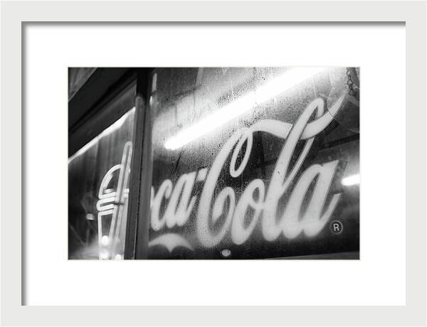 Neon Coca-Cola Sign on Window - Framed Print