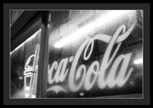 Neon Coca-Cola Sign on Window - Framed Print