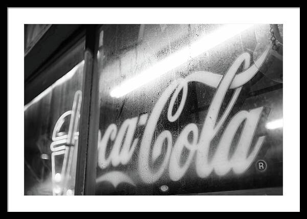 Neon Coca-Cola Sign on Window - Framed Print